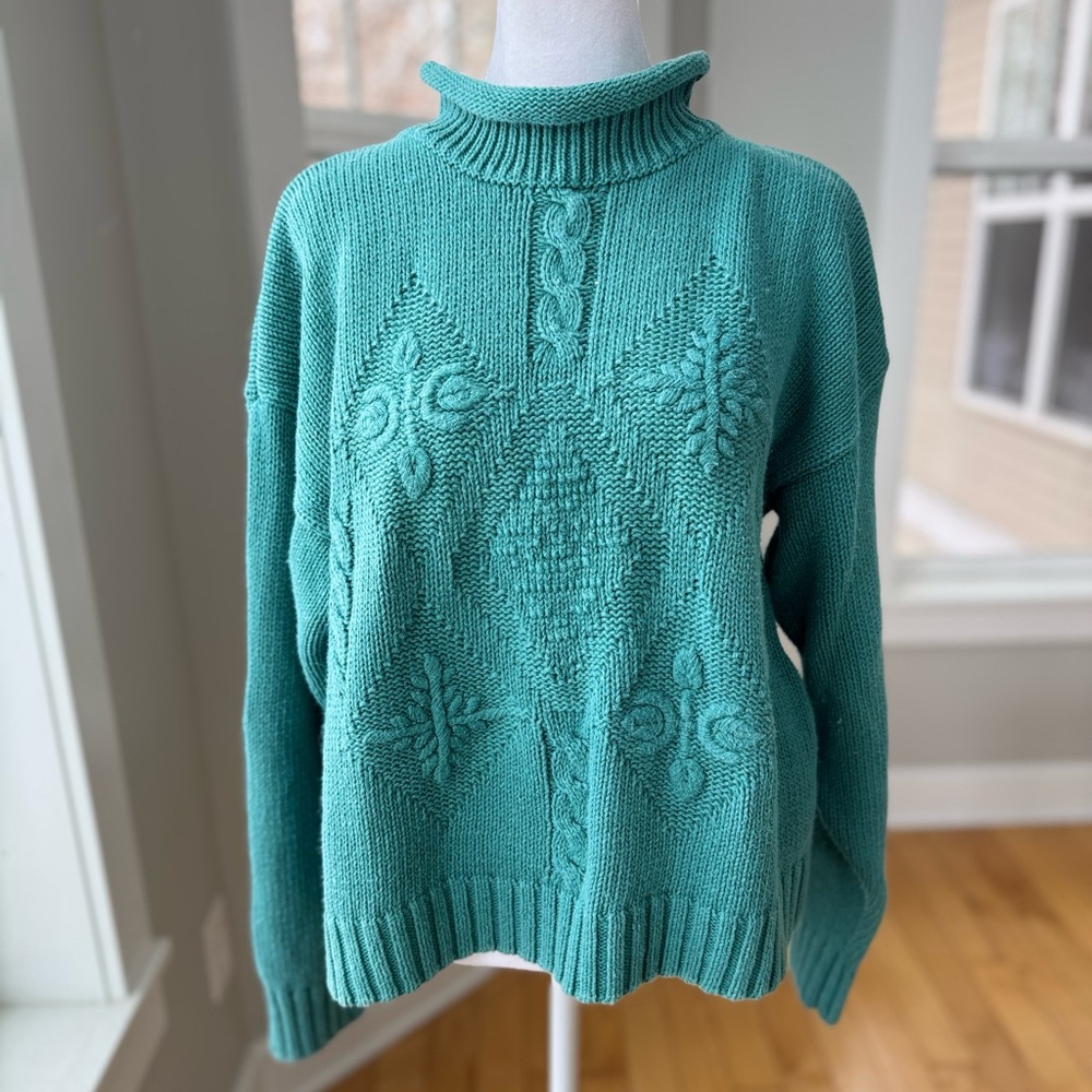 Vintage 90s Teal Blue Green Floral Cotton Rollneck Sweater